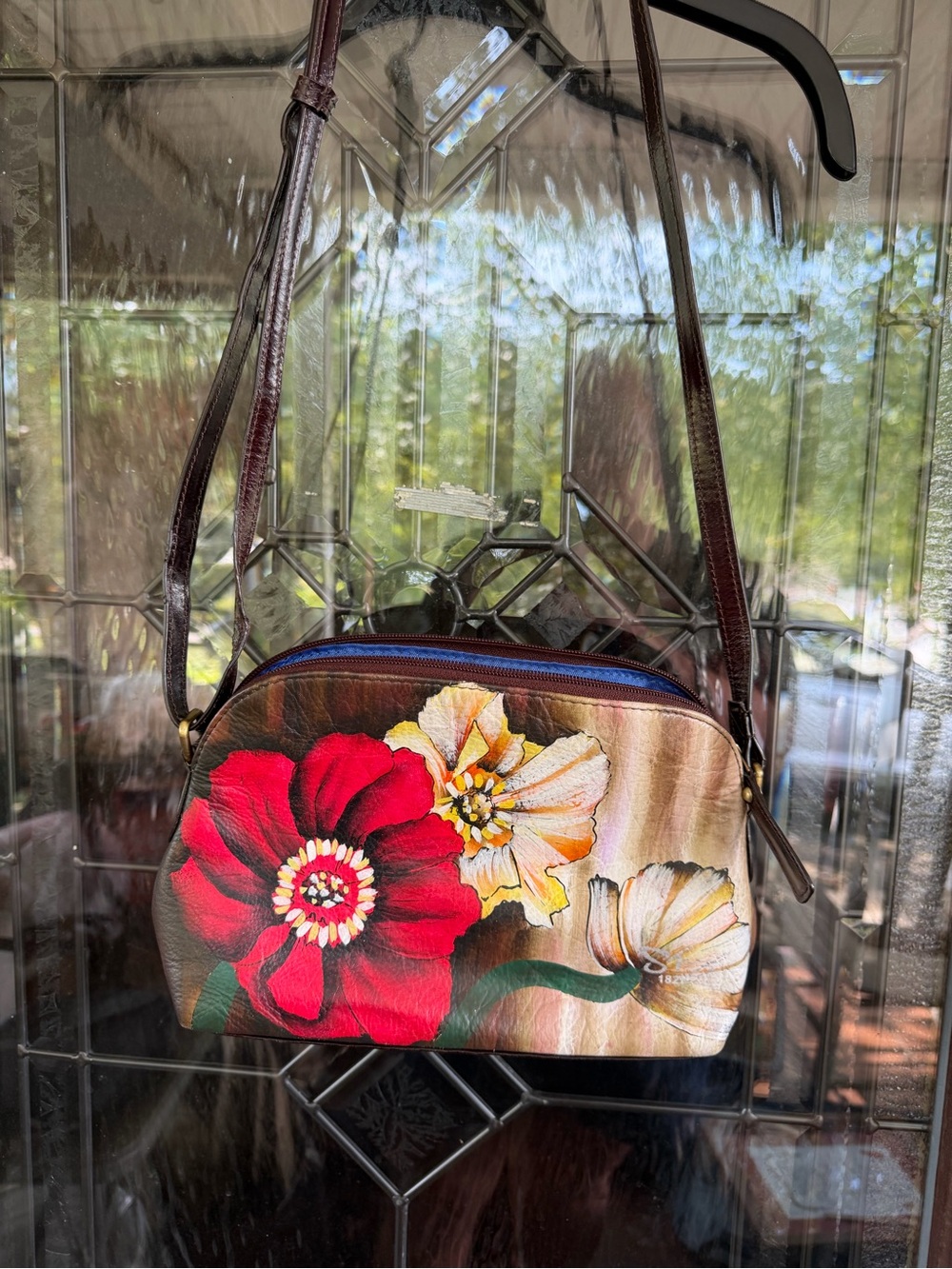 Hand-Painted Floral Shoulder Bag in Red & Cream